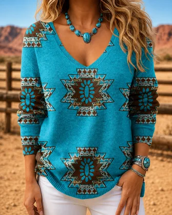 Ethnic Casual Long Sleeve V Neck Spring Fall Sweater