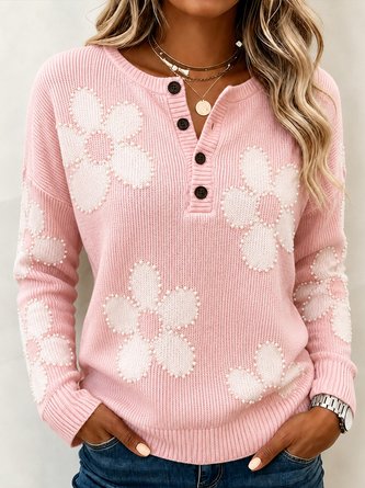 Floral Long Sleeve Tee T shirt Henley Collar Casual Spring Fall Top