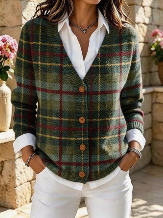 Plaid Long Sleeve V Neck Vintage Spring Fall Cardigan Outerwear