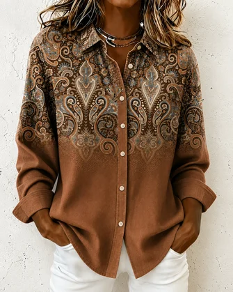 Nationality ethnic Shirt Collar Long Sleeve Shirt Printing Vintage Daily Spring Fall Top