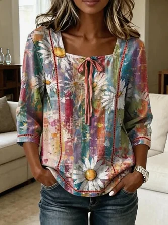 Floral Square Neck Half Sleeve Blouse Vintage Daily Summer Top
