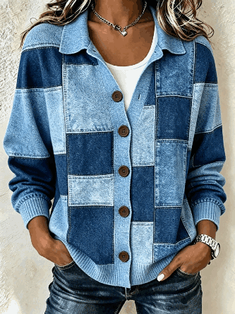 Block Long Sleeve Shirt Collar Vintage Spring Fall Cardigan Outerwear