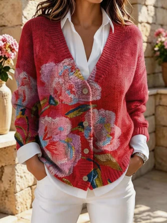 Floral Long Sleeve V Neck Vintage Spring Fall Cardigan Outerwear