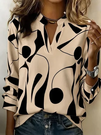 Geometric V Neck Long Sleeve Shirt Casual Daily Spring Fall Top