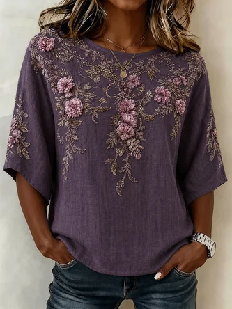 Floral Pattern Crew Neck Half Sleeve Blouse Printing Vintage Daily Summer Top