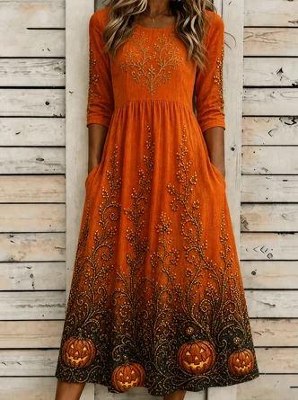 Halloween Half Sleeve Crew Neck Dress Holiday Vintage Maxi Line Summer Dress