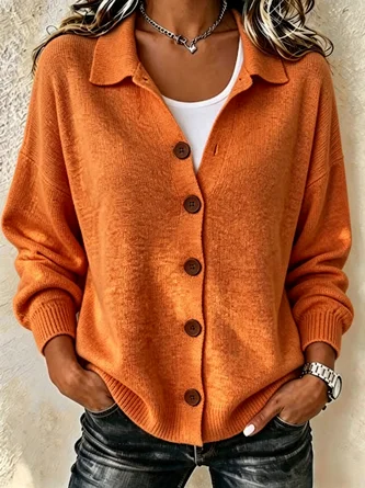 Plain Long Sleeve Shirt Collar Casual Spring Fall Cardigan Outerwear