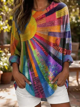 Abstract Long Sleeve Tee T shirt Crew Neck Vintage Spring Fall Top