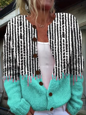 Block Long Sleeve Crew Neck Vintage Spring Fall Cardigan Outerwear