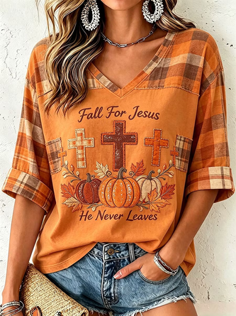 Plaid Half Sleeve Tee T shirt V Neck Casual Summer Top