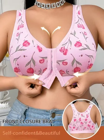 Wire Free Floral Print Front Closure Push Up Support Adjustable Straps Seamless Everyday Bra