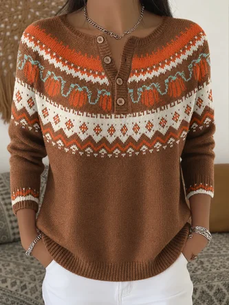 Abstract Graphic Vintage Long Sleeve Half Open Collar Imitation Cashmere Spring Fall Sweater