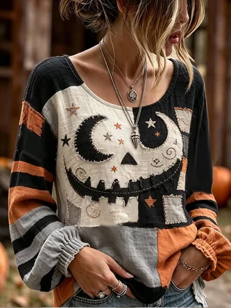Moon Crew Neck Long Sleeve Blouse Printing Casual Holiday Spring Fall Top