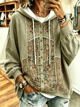 Vintage Patchwork Hoodie Printed Decorative Buttons