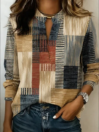 Abstract Graphic V Neck Long Sleeve Blouse Printing Casual Daily Spring Fall Top