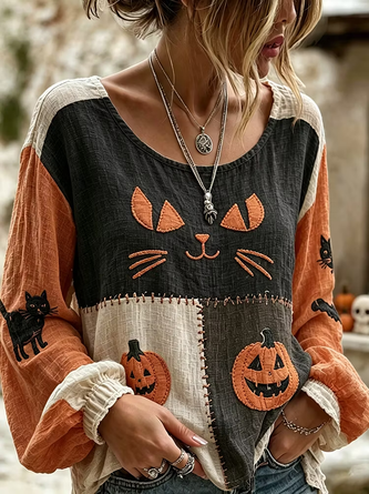 Cat Crew Neck Long Sleeve Blouse Printing Casual Holiday Spring Fall Top