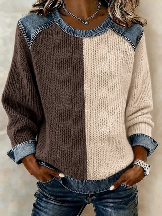 Contrast Stitching Crew Neck Printing Casual Spring Fall Long Sleeve Sweatshirt