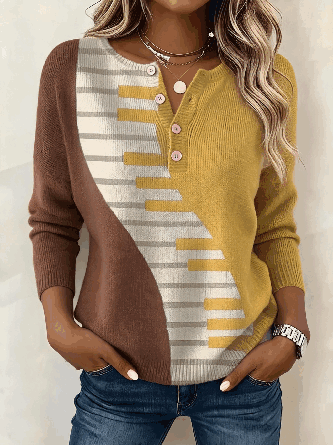 Geometric Long Sleeve Tee T shirt Henley Collar Vintage Spring Fall Top