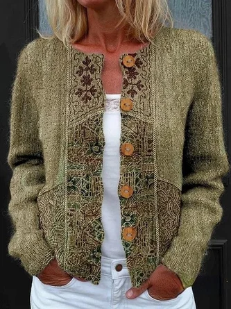 3D Printing Long Sleeve Crew Neck Vintage Spring Fall Cardigan Outerwear