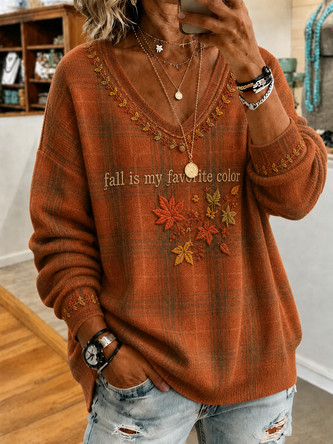 Maple Leaf Long Sleeve Tee T shirt V Neck Casual Spring Fall Top