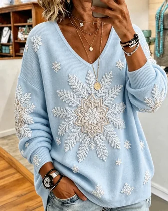 Snowflake Long Sleeve Tee T shirt V Neck Casual Spring Fall Top