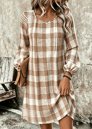 Women Plaid Long Sleeve Crew Neck Dress Daily Vintage Midi T-Shirt Dress A-Line Spring/Fall Dress - Image 2