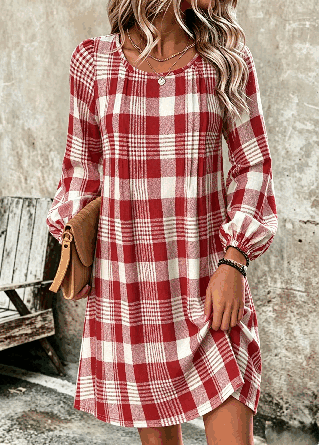 Women Plaid Long Sleeve Crew Neck Dress Daily Vintage Midi T-Shirt Dress A-Line Spring/Fall Dress
