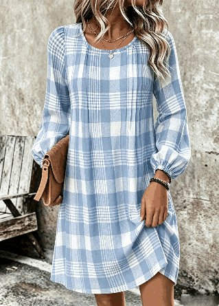 Women Plaid Long Sleeve Crew Neck Dress Daily Vintage Midi T-Shirt Dress A-Line Spring/Fall Dress - Image 4