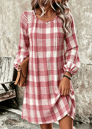 Women Plaid Long Sleeve Crew Neck Dress Daily Vintage Midi T-Shirt Dress A-Line Spring/Fall Dress - Image 3