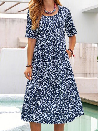 Floral Printed Crew Neck Pockets Short Sleeve Casual Midi Shirt Dress ...