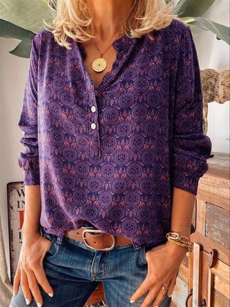 Floral Printed Shirt V-neck Long Sleeve Casual Blouse