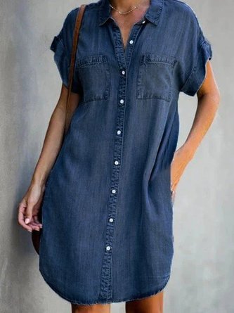 Blue Shirt Collar Plain Short Sleeve Denim Dresses