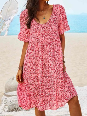 JFN V Neck Floral Beach Vacation Casual Mini Smock Dress
