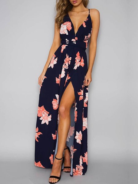 Luxe For Days Dark Blue Foral Backless Slit Dress - JustFashionNow.com