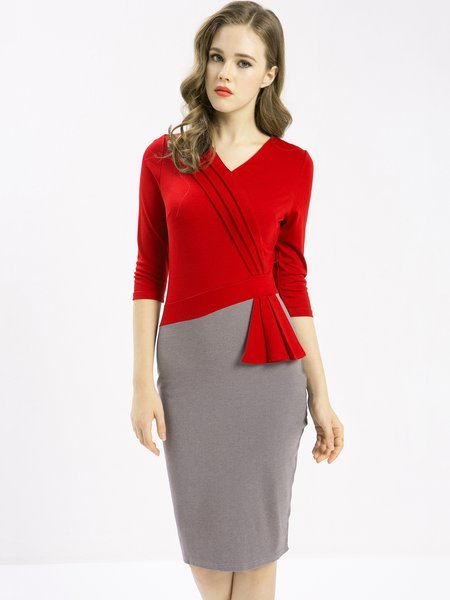 Red Sheath 3/4 Sleeve Red Dress