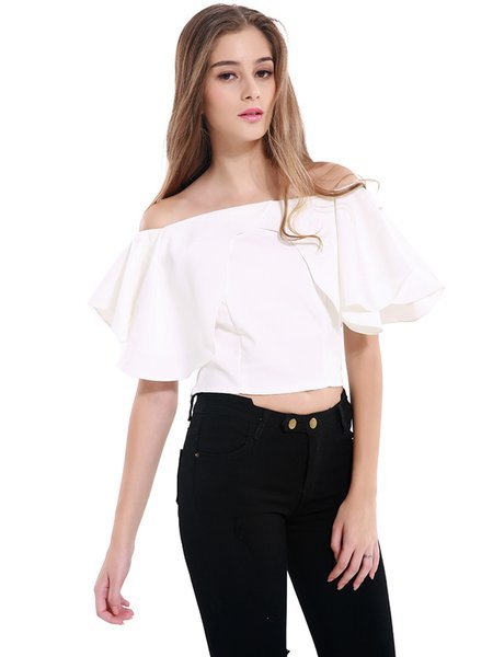 White Off Shoulder Frill Sleeve Girly Chiffon Crop Top