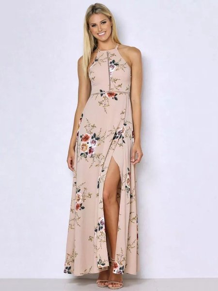 Bohemian Beach Maxi Dress Sleeveless Floral Print Split Dresses For Women