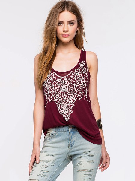 Burgundy Printed Scoop Neckline Cutout Back Tank Top