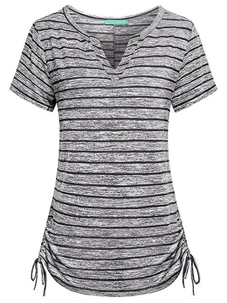Short Sleeve Stripes V neck T-Shirt - JustFashionNow.com