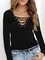 Lace-Up Solid Simple Long Sleeve V Neck T-Shirt