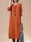 Orange Shift Daily Long Sleeve Cotton Slit Solid Linen Dress
