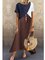 Crew Neck Brown Women Shift Beach Cotton-Blend Shift Color-block,Leather-paneled Dresses