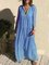 Blue Casual V Neck Cotton-Blend Dresses