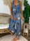 Blue Denim Casual Spaghetti-Strap Printed Jumpsuits