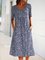 Women Floral Pockets Midi Short Sleeve H-lined Shift Dress