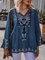 Lake Blue Long Sleeve Floral Embroidery Top