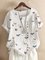 White Crew Neck Floral-Print Short Sleeve Linen Shirts & Tops