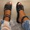 Black Flat Heel Adjustable Buckle Rivet Sandals