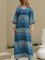 Blue Cotton-Blend Shift 3/4 Sleeve Tribal Dresses