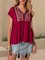Wine Red Boho Short Sleeve Shirts & Tops